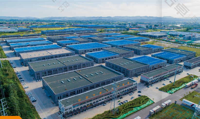 Aerial view of the manufacturing campus and factory buildings
