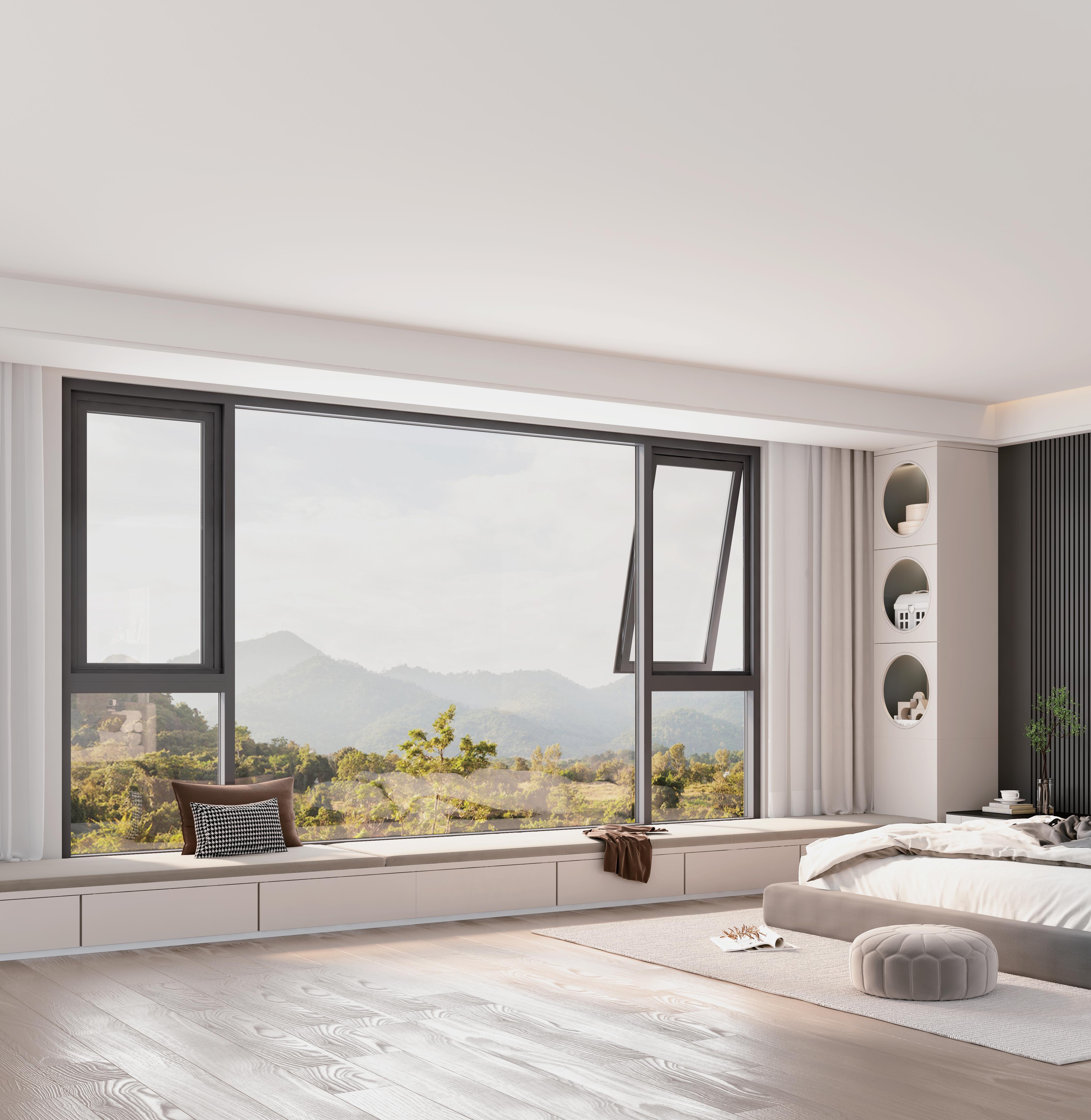 Large aluminium sliding door overlooking a mountain landscape
