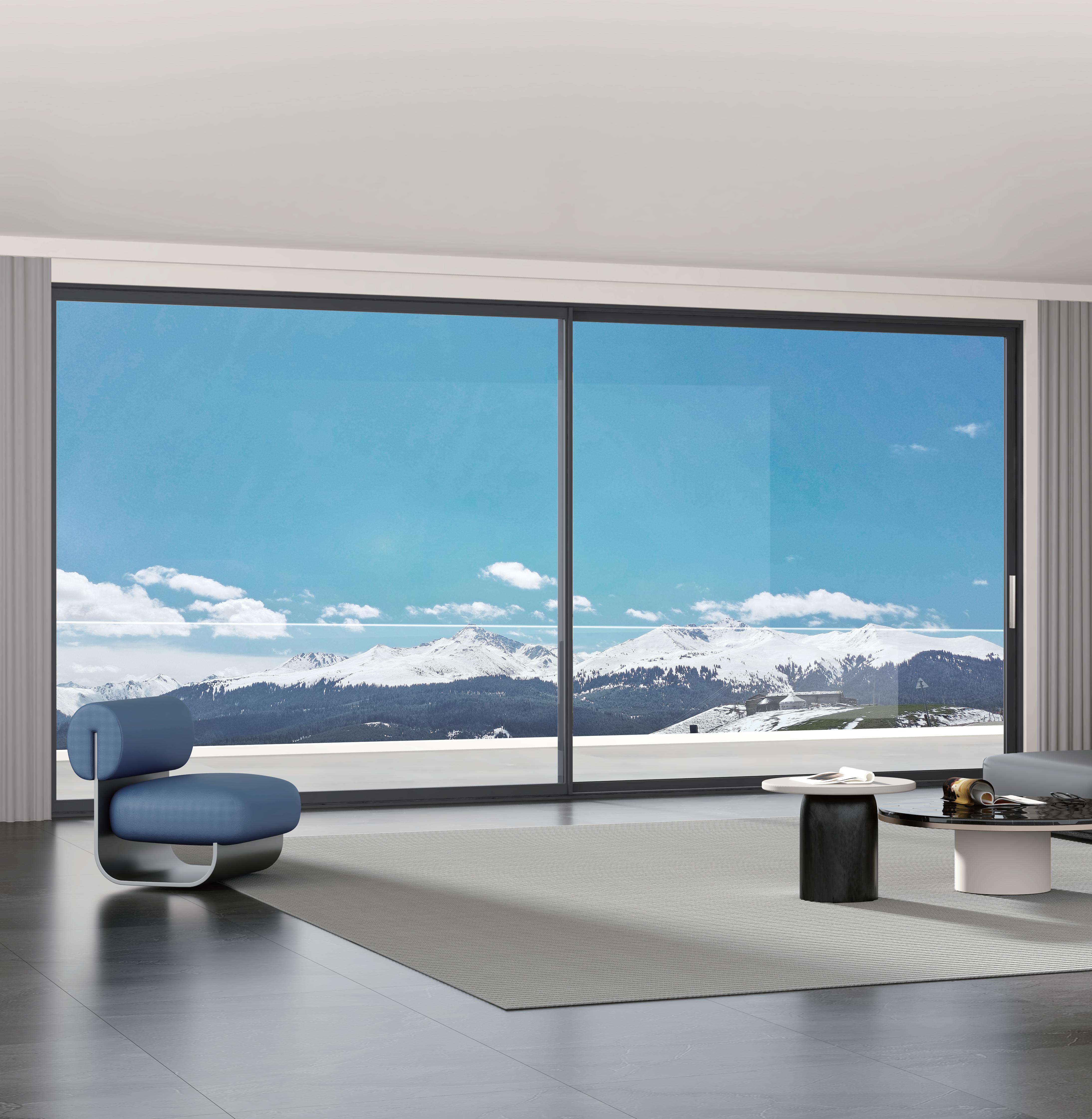 Large aluminium picture window overlooking the ocean
